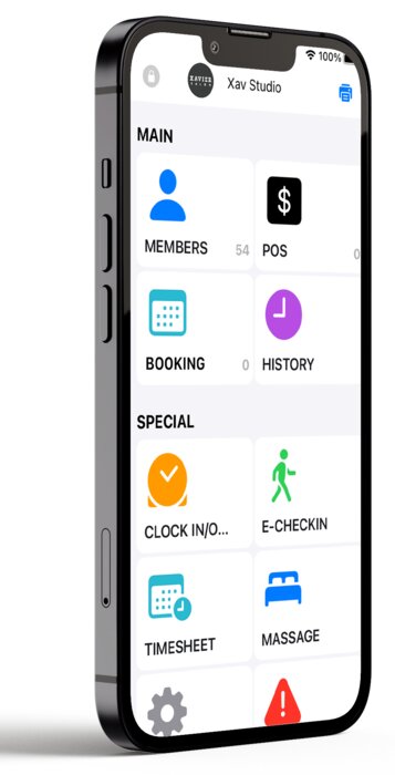 TunaiPro mobile app showing members, POS, booking, history, clock in/out, and e-check-in