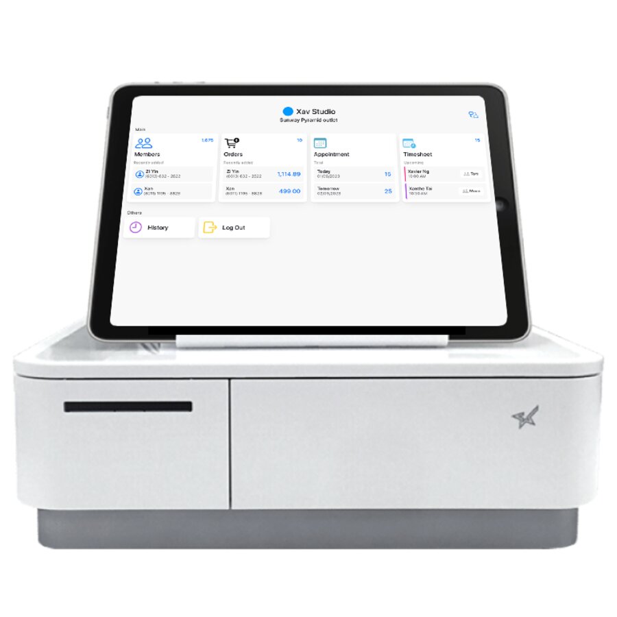 TunaiPro front-desk POS terminal showing members, orders, appointments and timesheet